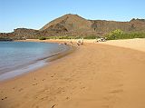 Galapagos 6-2-05 Bartolome Northern Beach and Spatter Cone Lying beside the Pinnacle Rock are twin half moon shaped beaches. The northern beach is a popular snorkeling site where visitors have the opportunity to swim with fish, sea lions and Galapagos Penguins. Behind is the spatter cone that we will climb later.